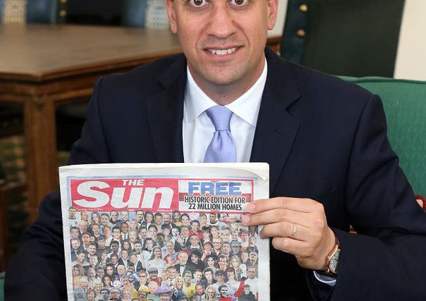 Labour leader Ed Miliband with a copy of The Sun newspaper